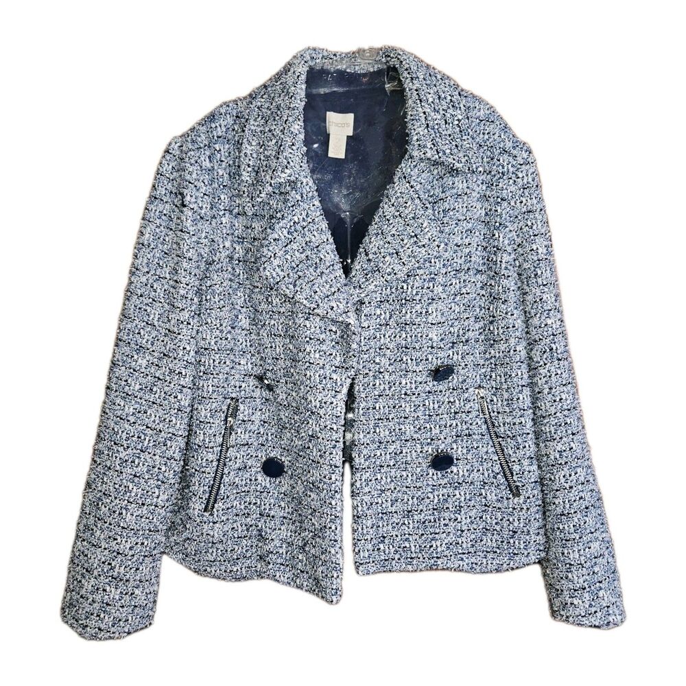 Chico's Blue Tweed Double-Breasted Blazer
